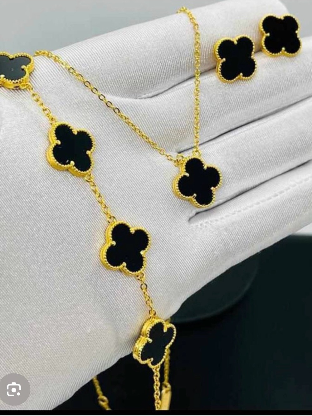 Gold-Plated Necklace and Bracelet Set with Black Clover Motifs